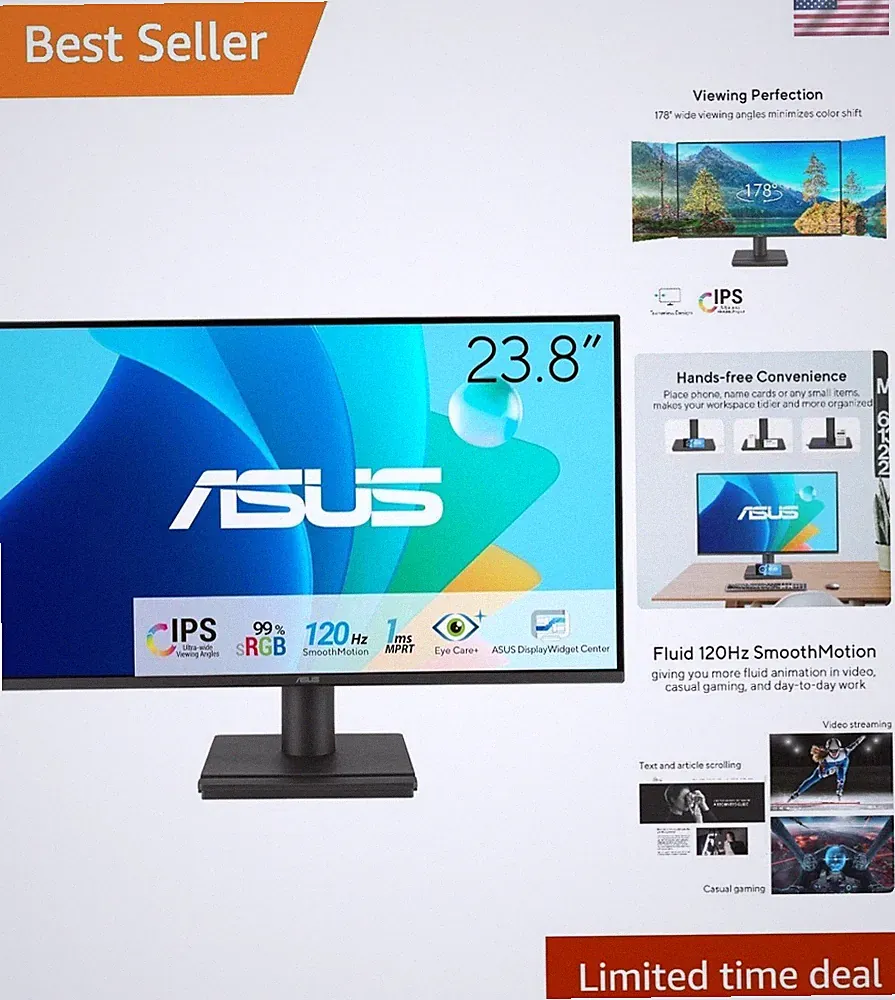 23.8-Inch 1080P IPS Monitor - 120Hz Refresh Rate, Flicker-Free, Wall Mountable