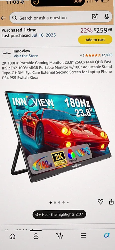 23.8 Inch 2K Portable Monitor 2560x1440 180Hz Gaming Screen Dual Speakers USB-C