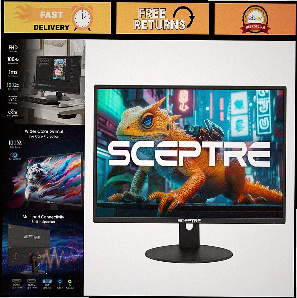 24" 100Hz Gaming Monitor, 100% sRGB, HDMI x2, VGA, Built-in Speakers, Black