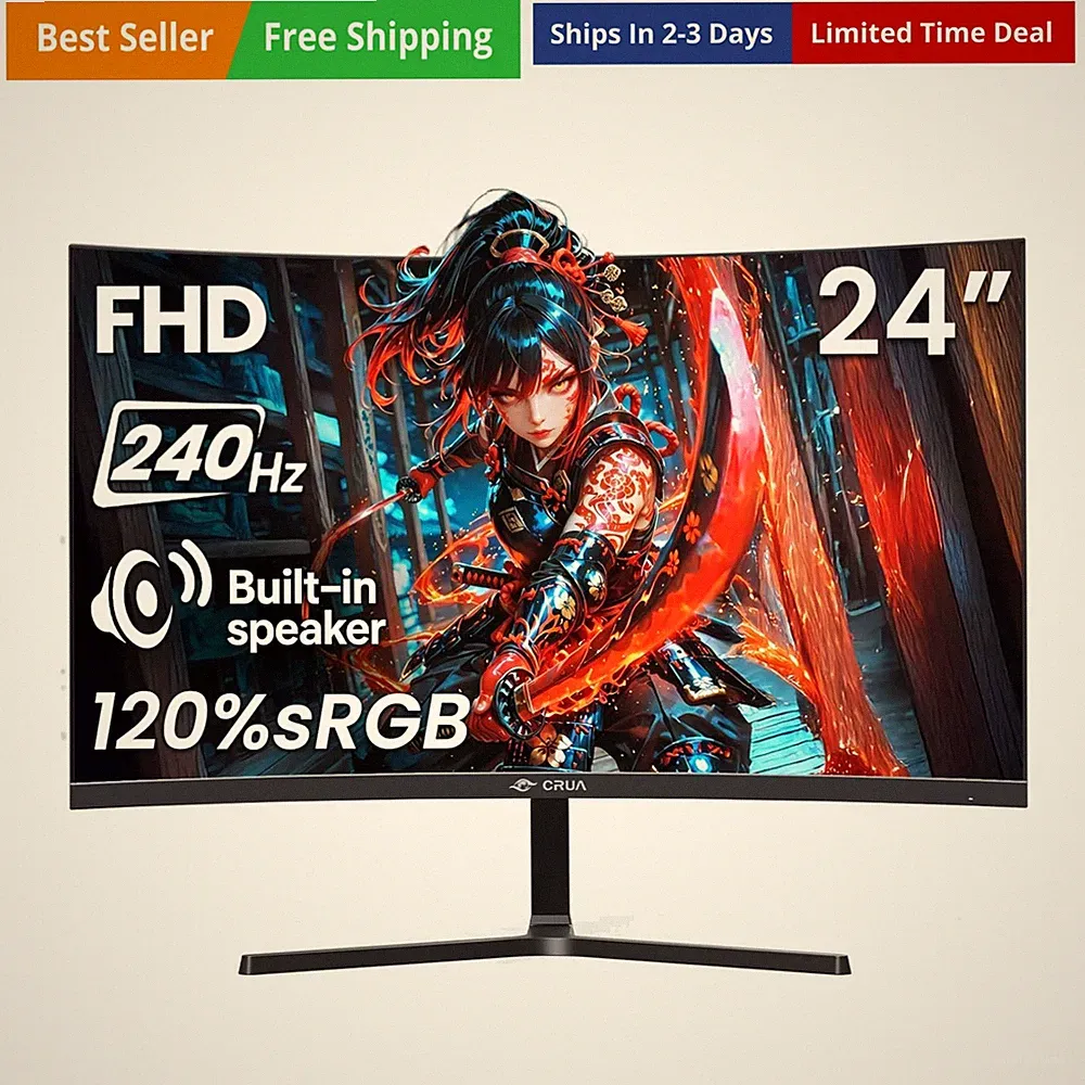 24” 240Hz Gaming Monitor, Curved FHD 1920 x 1080P, Built-in Speakers, Support...