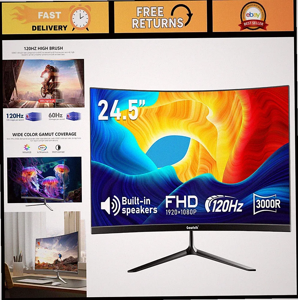 24.5" Curved Gaming Monitor 120Hz Full HD 1080P, Built-in Speakers, HDMI, VGA, W