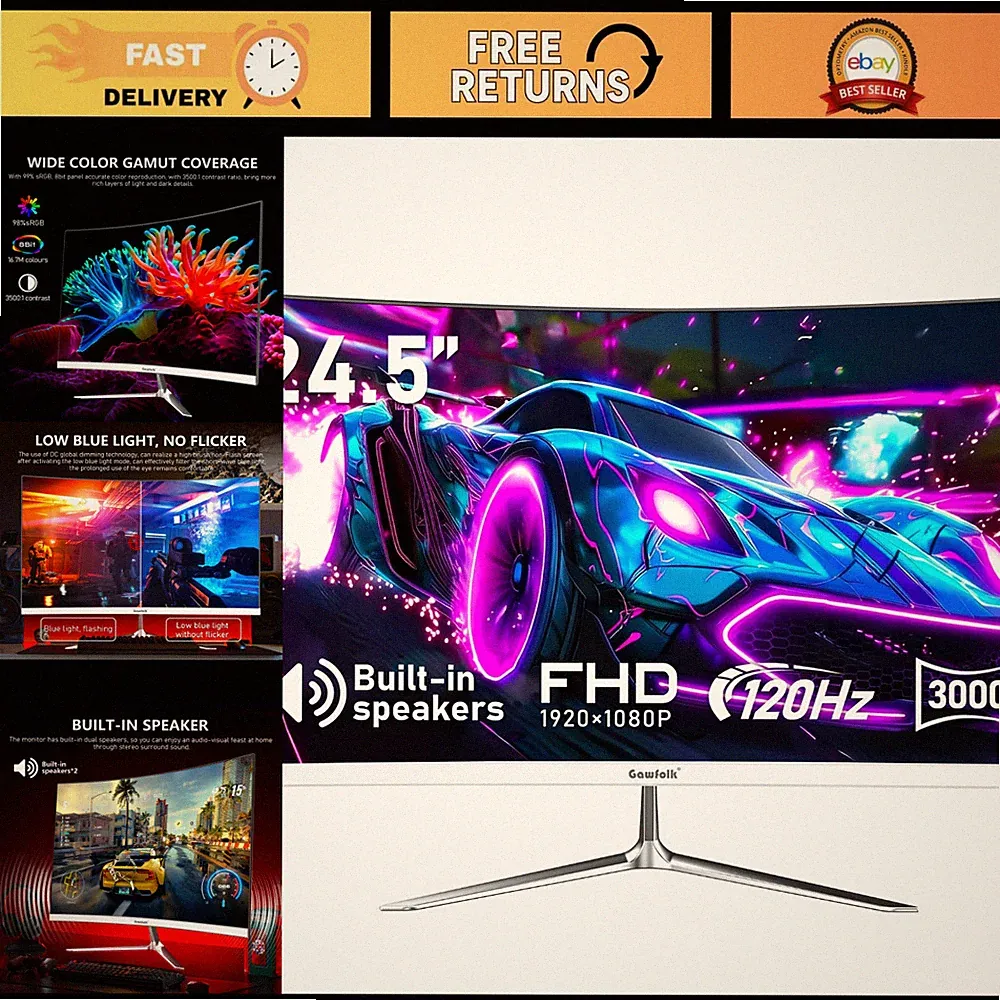 24.5" Curved Gaming Monitor, 3000R, 120Hz, FHD 1080P, Ultra-Slim Design