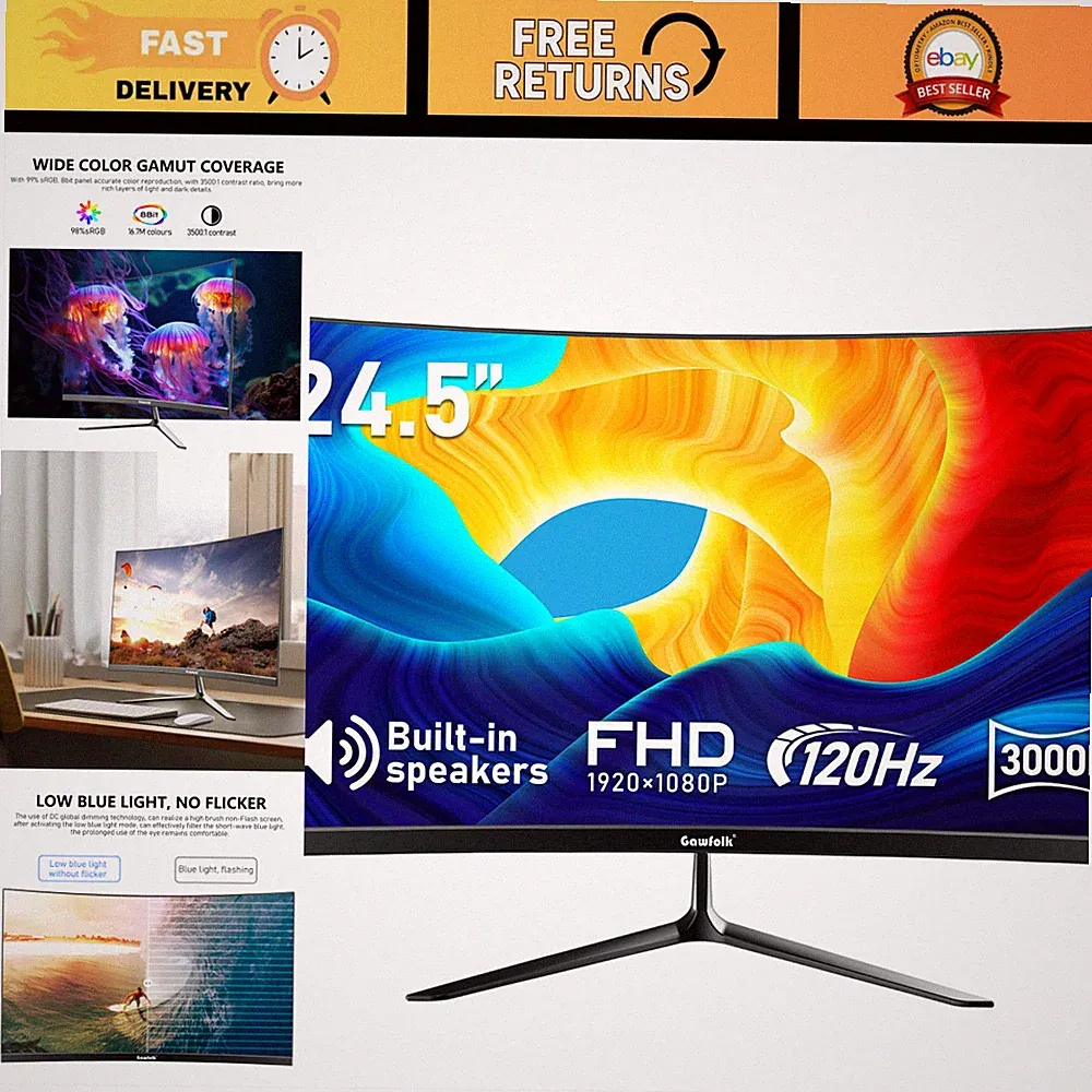 24.5" Curved Gaming Monitor 3000R 120Hz Full HD 1080P PC Screen - Ultra Smooth D