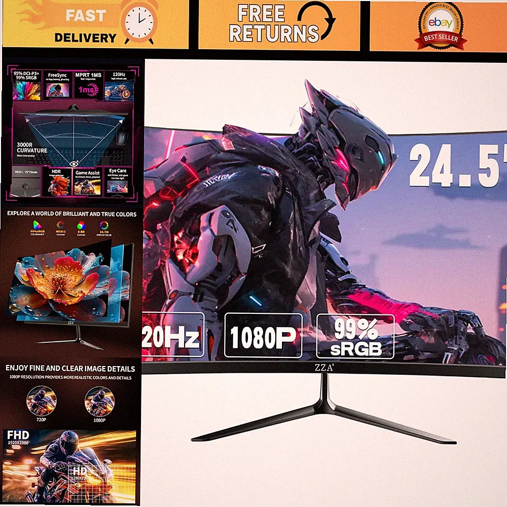 24.5" FHD 120Hz Curved Gaming Monitor, 1ms Response, AMD FreeSync, Eye Care, PC