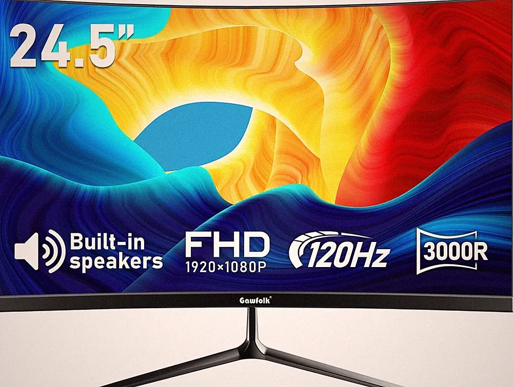 24.5 Inch Gaming Curved Monitor Built-In Speakers, 3000R 120Hz PC Screen Full HD