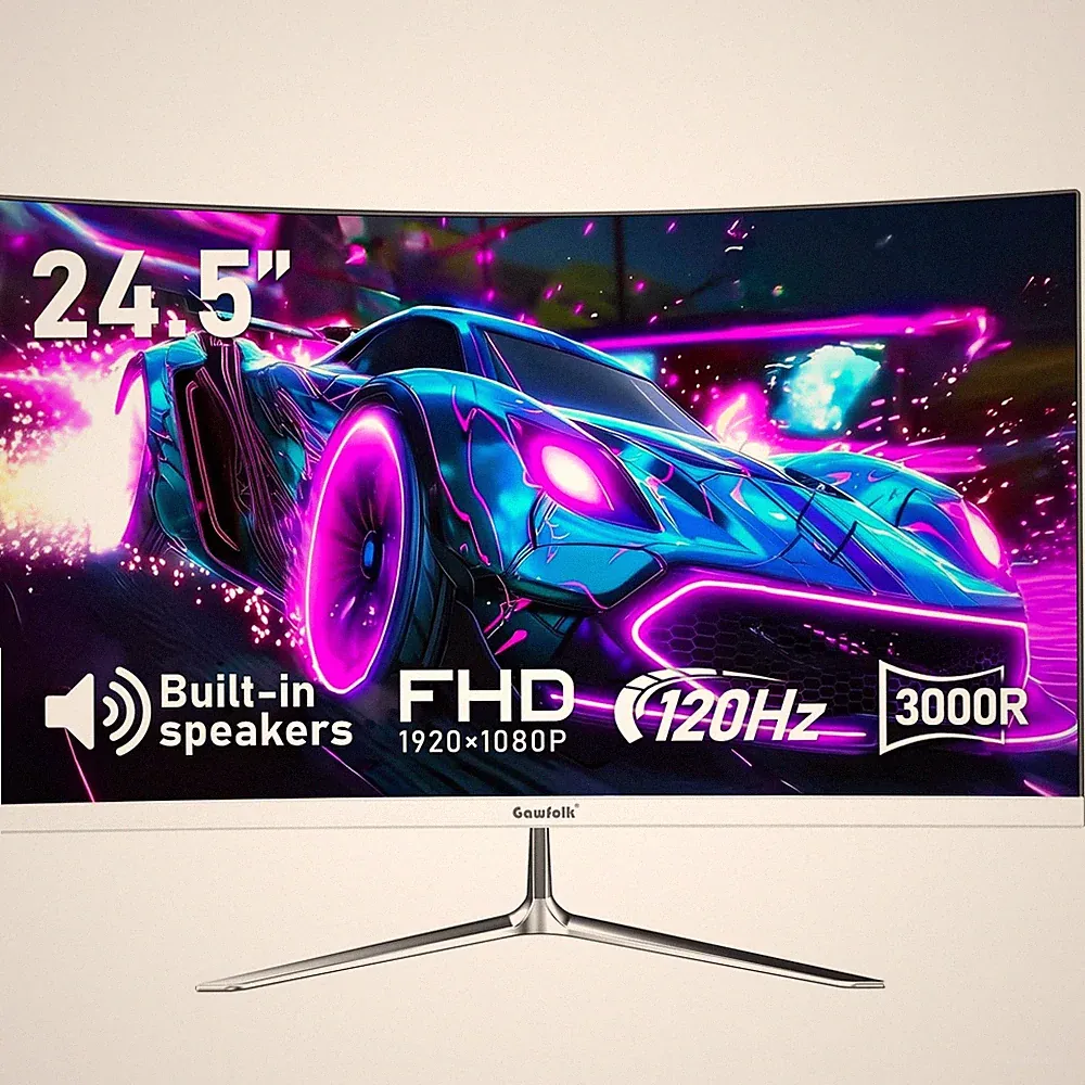 24.5 Inch Gaming Curved Monitor Built-in Speakers, 3000R 120Hz White PC Scree...