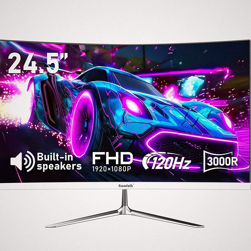 24.5 Inch Gaming Curved Monitor Built-in Speakers, 3000R 120Hz White PC Scree...