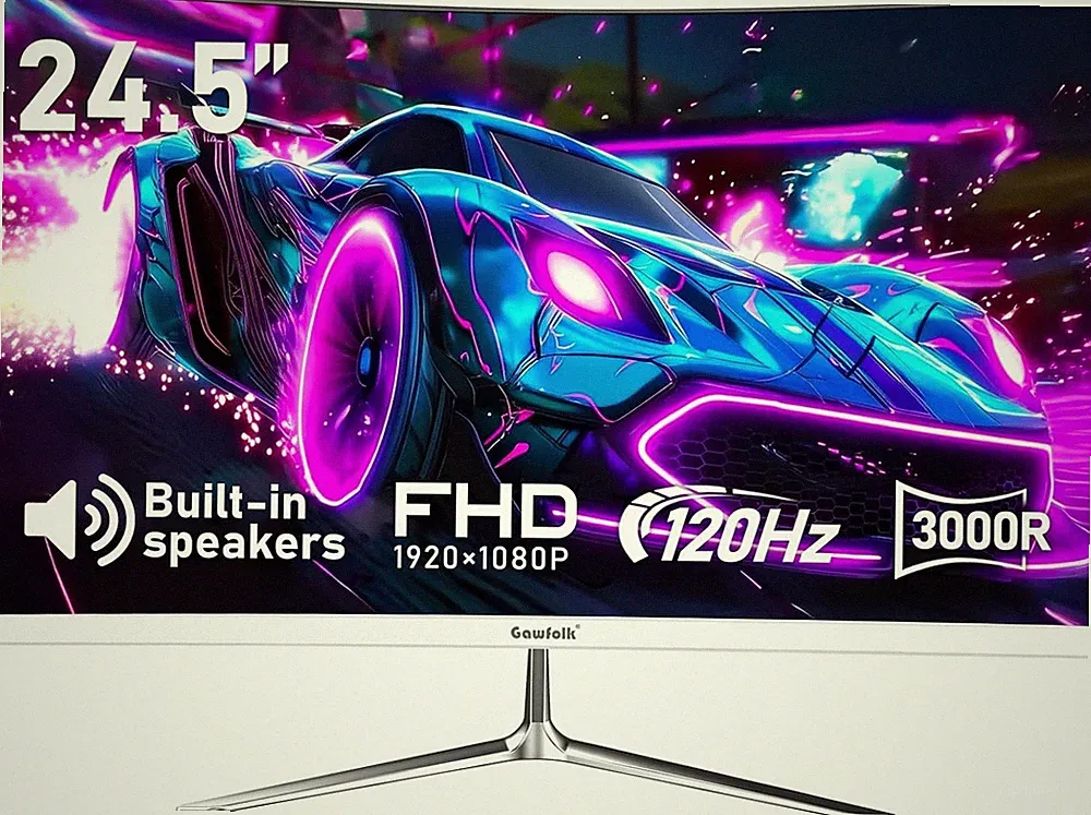 24.5 Inch Gaming Curved Monitor Built-In Speakers, 3000R 120Hz White PC Screen F