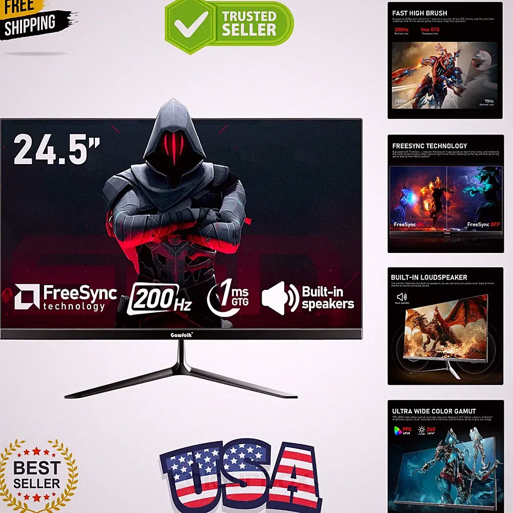 24.5 Inch PC 200Hz Gaming Monitor, FHD 1080p screen, Built-in speakers,1ms wi...