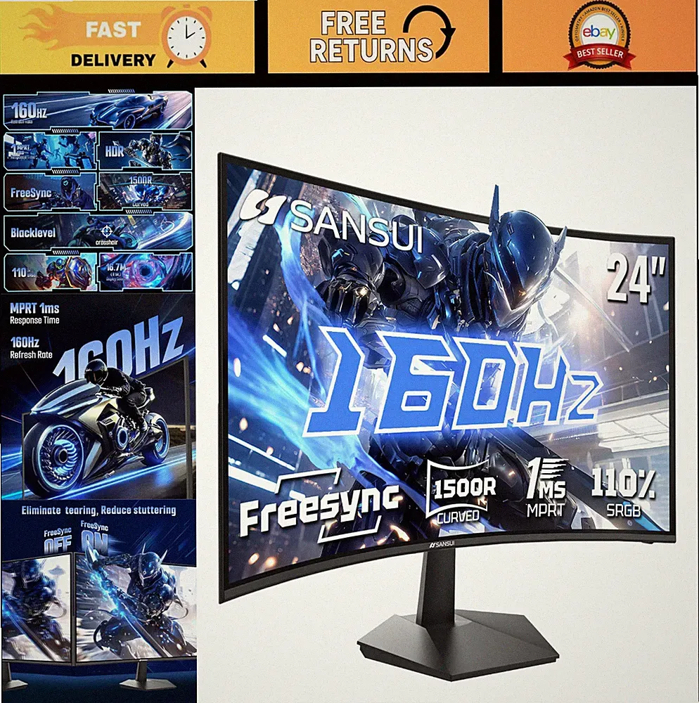 24" Curved 160Hz Gaming Monitor FHD 1080P, 1ms VA Display, FreeSync, HDR, HDMI