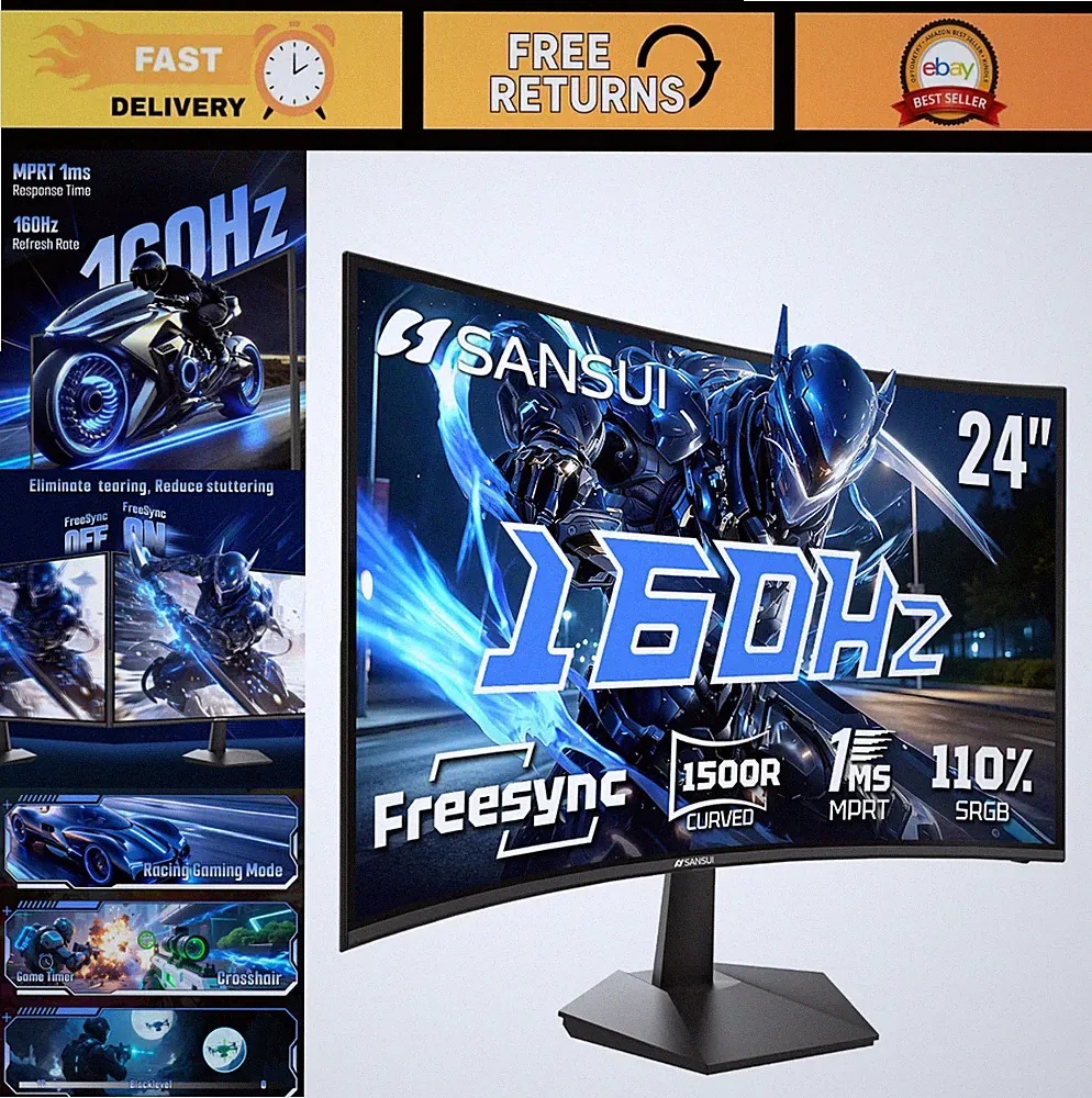 24" Curved 160Hz Gaming Monitor, FHD 1080P, 1ms VA, FreeSync, HDR, HDMI/DP Inclu