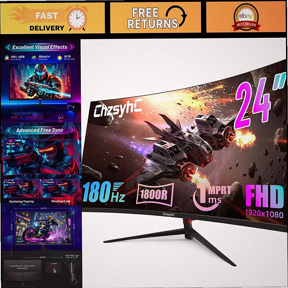 24" Curved 180Hz Gaming Monitor - 1800R Ultra HD, Immersive Visuals, Fast Respon