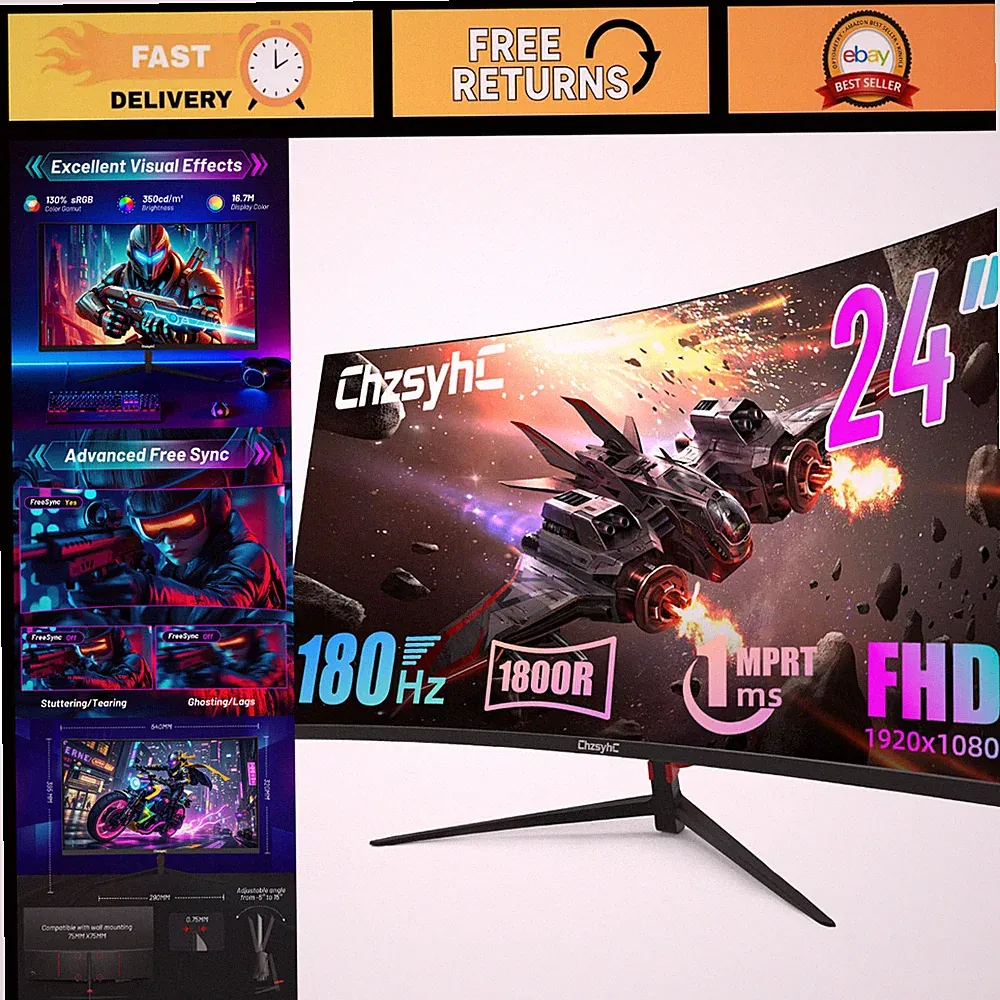 24" Curved 180Hz Gaming Monitor - 1800R Ultra-Wide Display, Fast Response Time