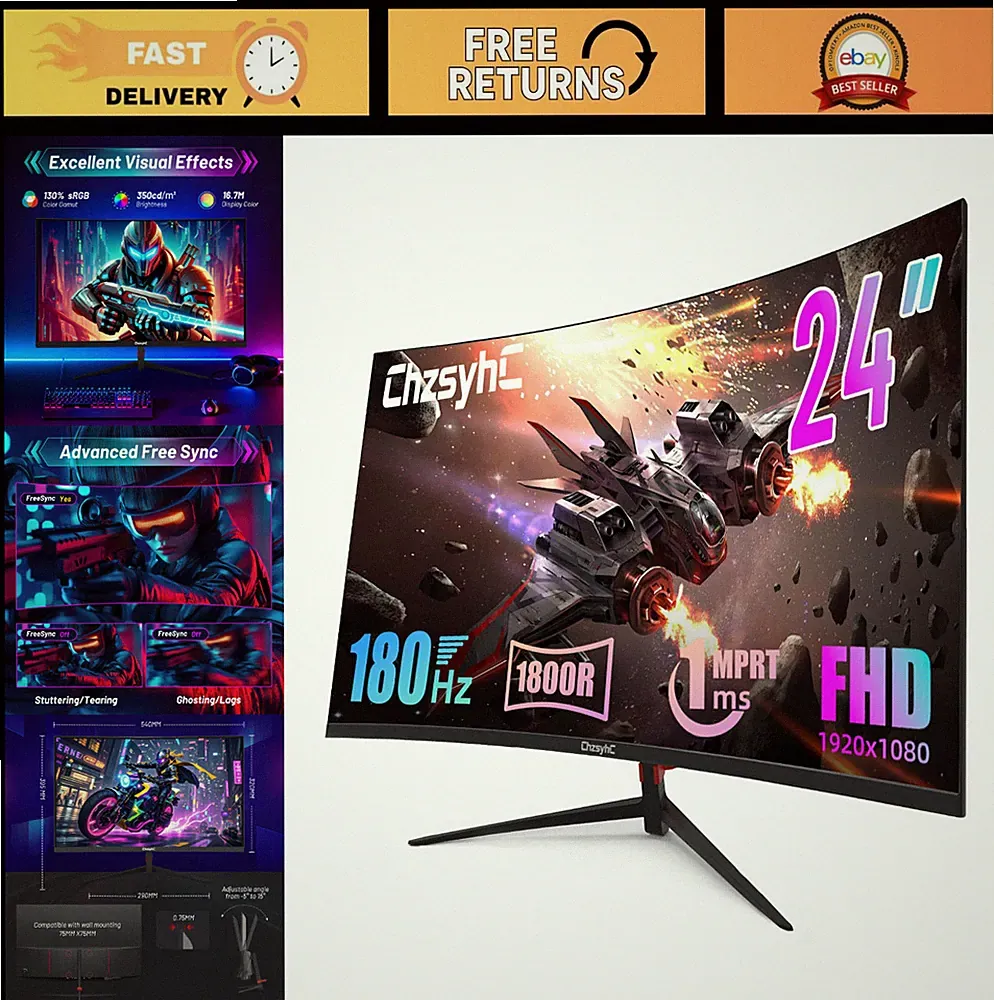 24" Curved 180Hz Gaming Monitor, 1ms Response, FHD 1080P, FreeSync, VESA Mountab