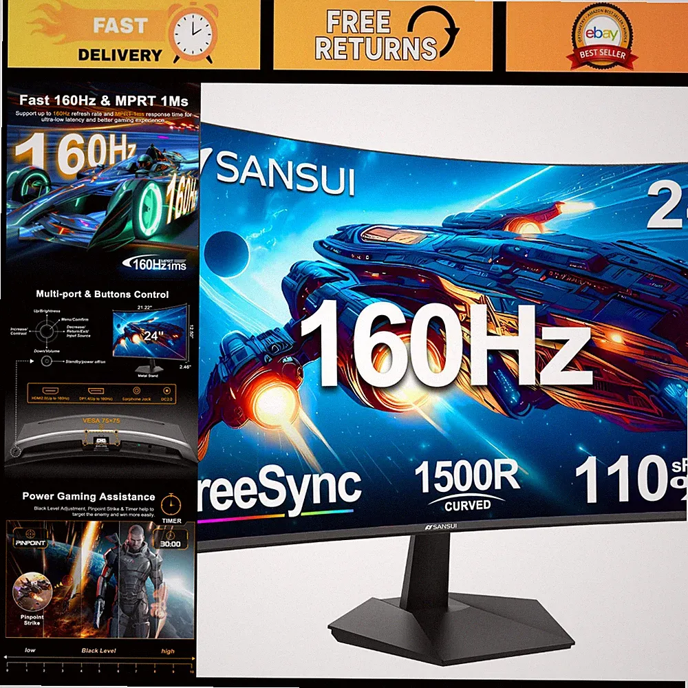 24" Curved Gaming Monitor - 160Hz Refresh Rate, 1ms Response Time, Full HD Displ