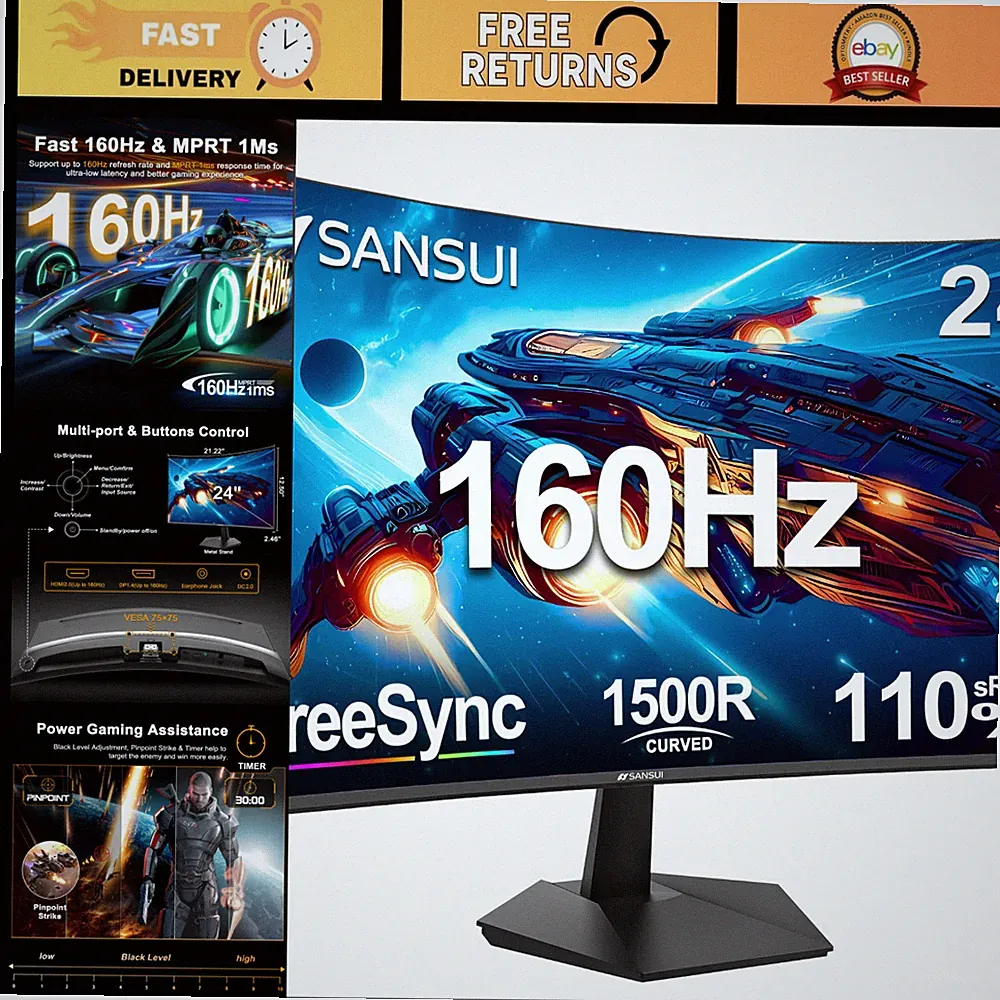 24" Curved Gaming Monitor - 160Hz Refresh Rate, 1ms Response Time, HD Display