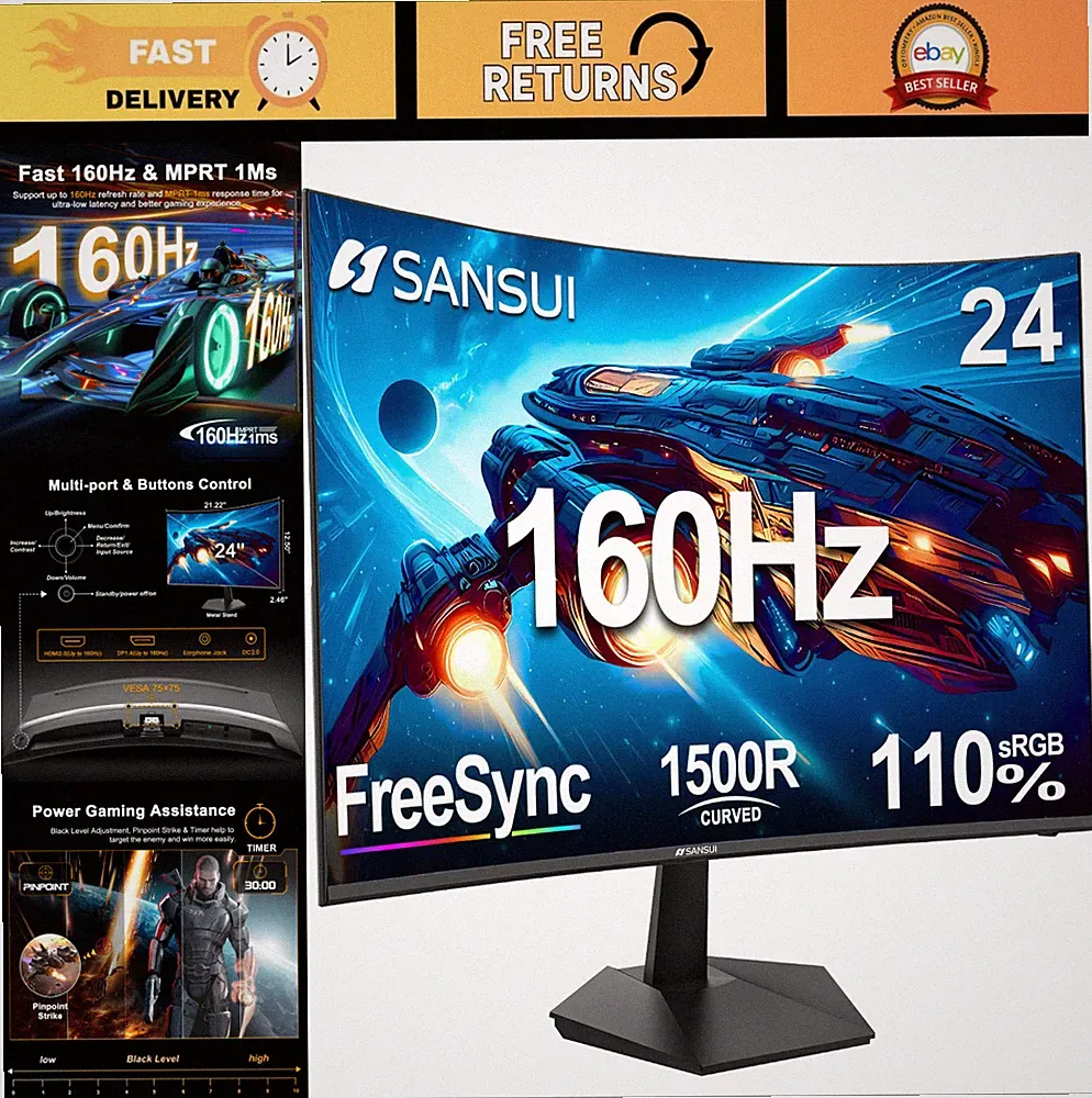 24" Curved Gaming Monitor, 160Hz Refresh Rate, 1ms Response Time, PC Display