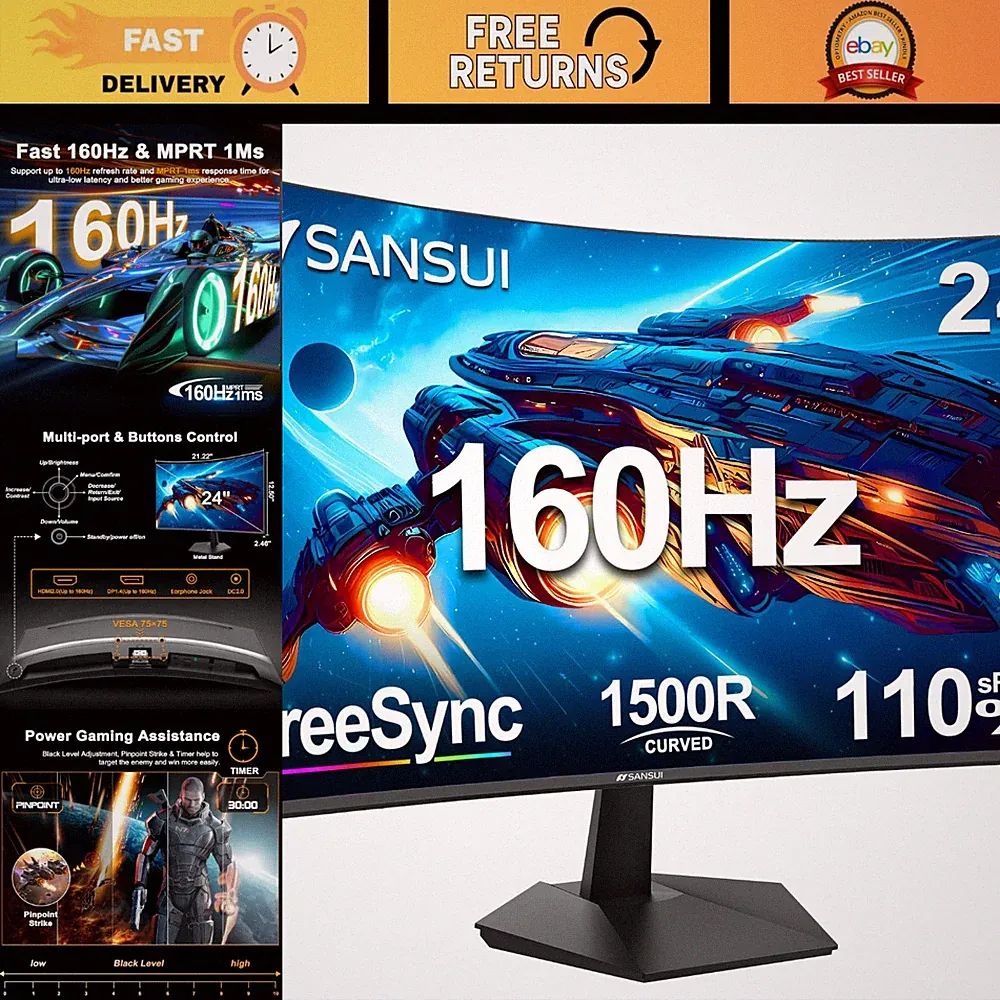 24" Curved Gaming Monitor, 160Hz Refresh Rate, 1ms Response Time, PC Display