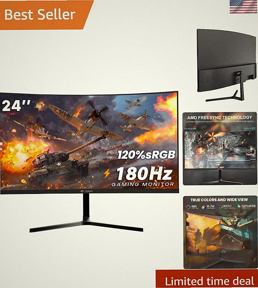 24” Curved Gaming Monitor, 180Hz/144Hz FHD 1080P, Support 120% sRGB, AMD Free...