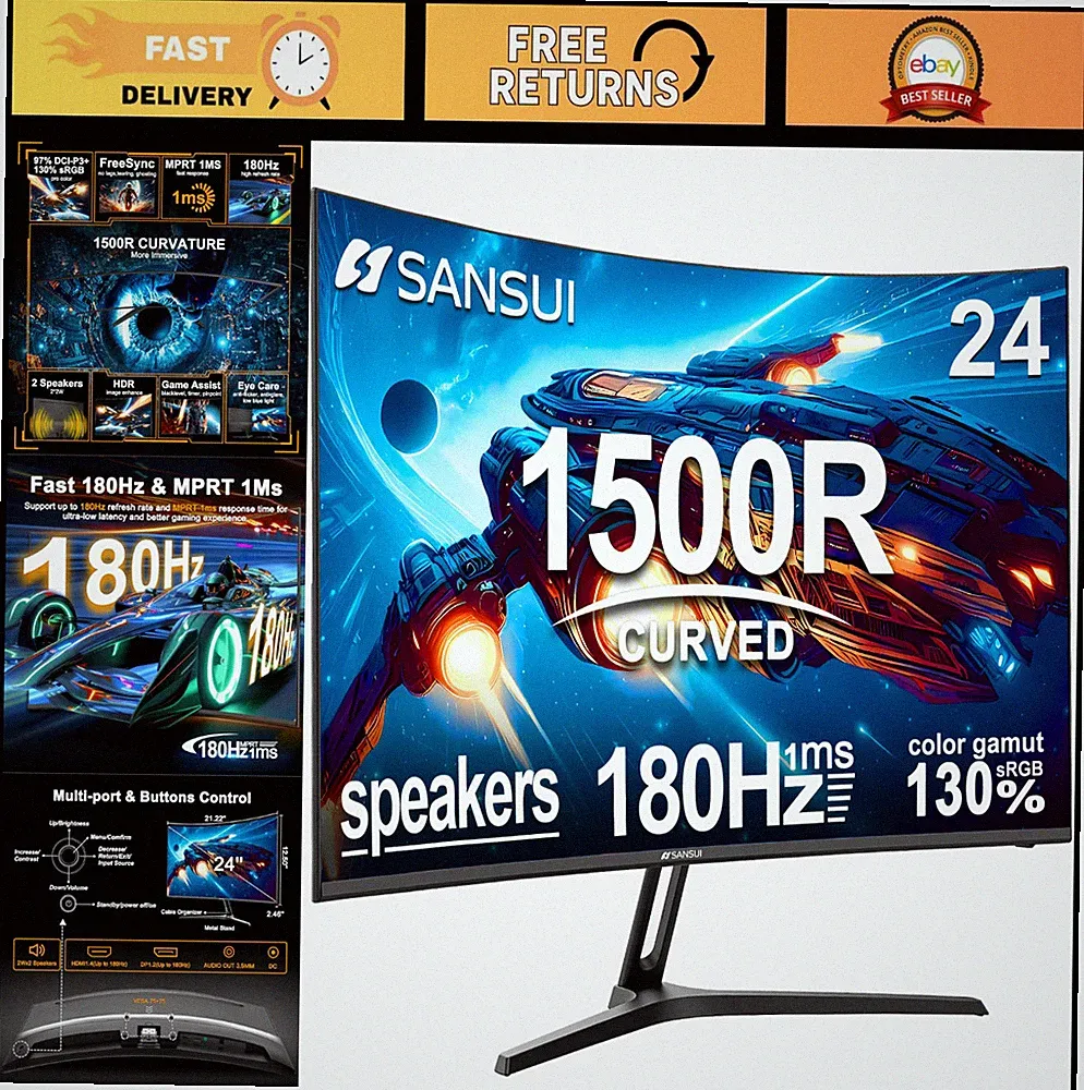 24" Curved Gaming Monitor 180Hz MPRT 1ms, FHD 1080P, FreeSync, HDMI DP, VESA Mou