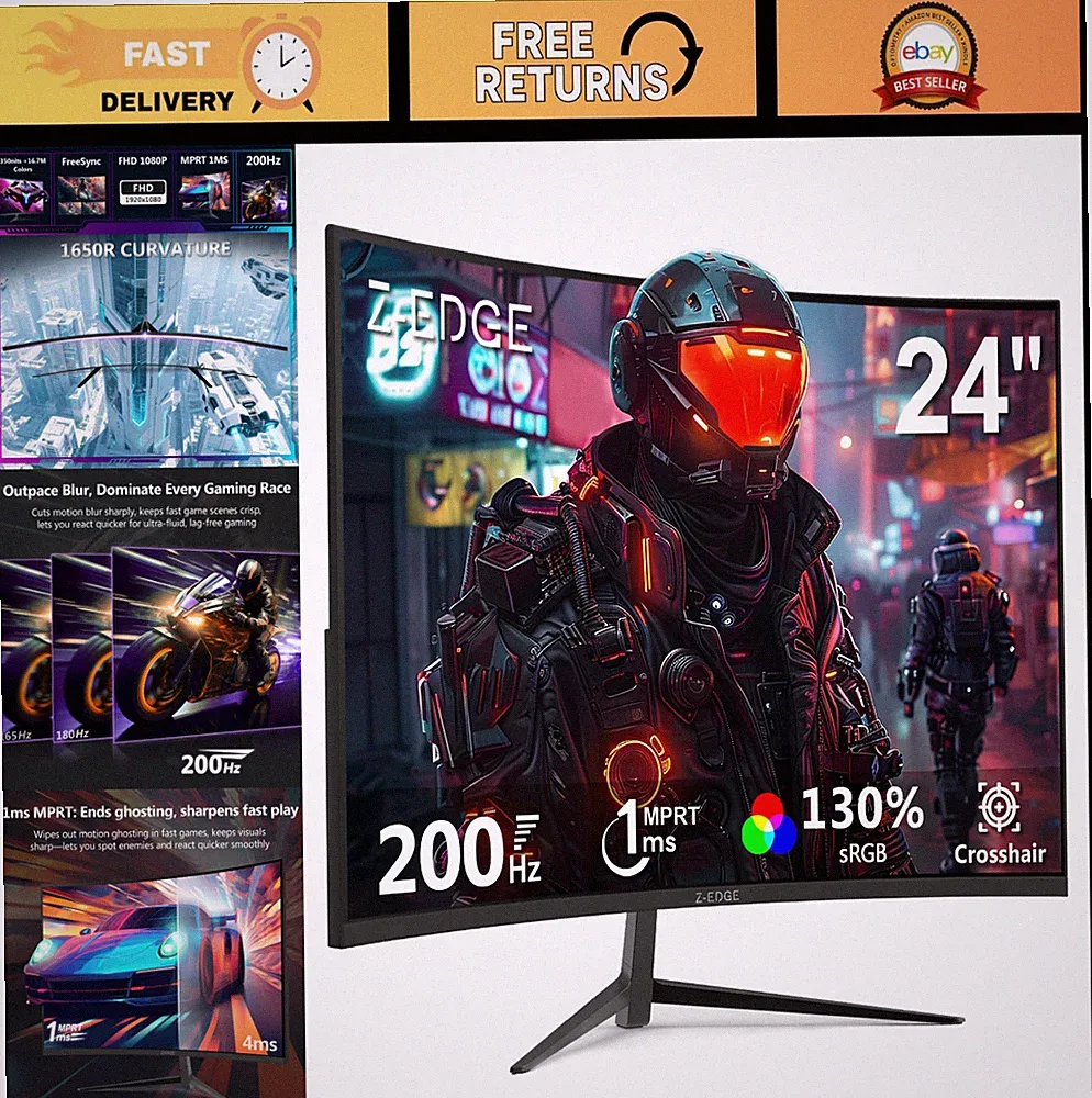 24" Curved Gaming Monitor, 200Hz 165Hz 144Hz FHD 1080P, Ultra-Smooth Display
