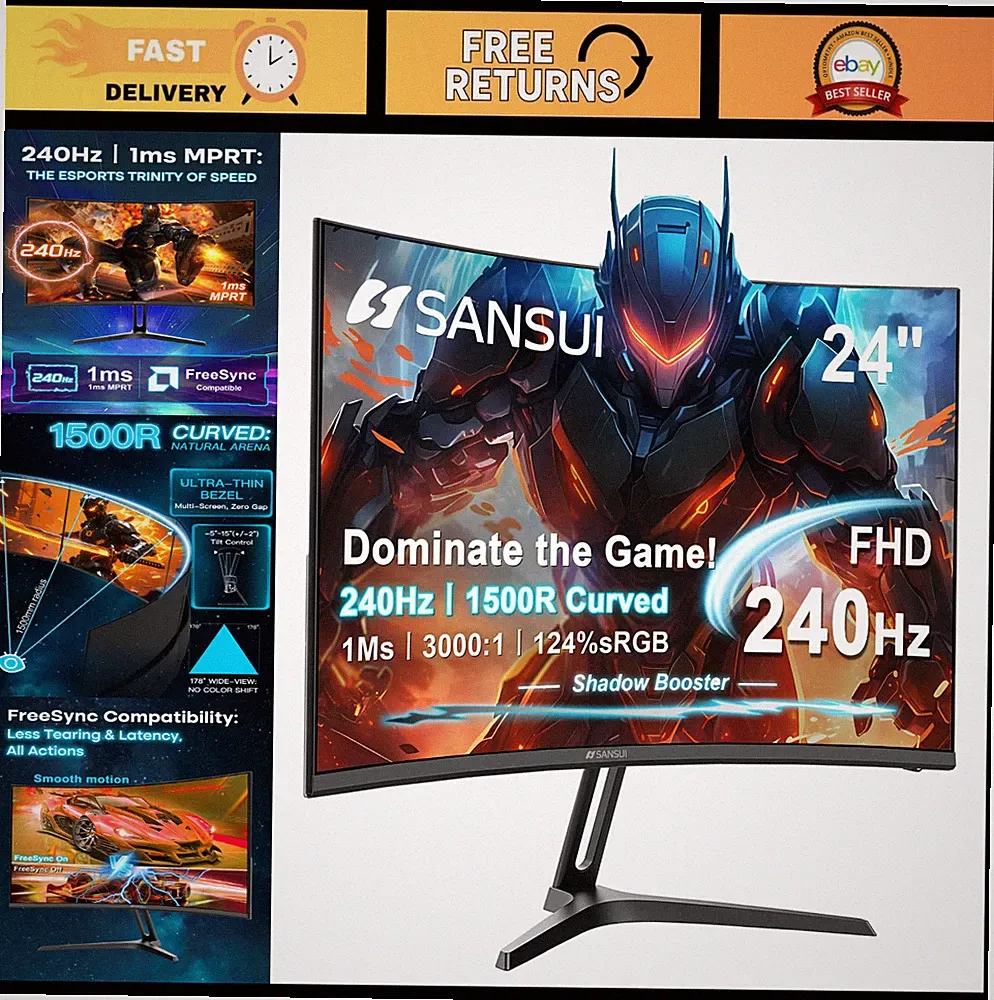 24" Curved Gaming Monitor 240Hz FHD 1080P, 1500R, 1ms MPRT, FreeSync, HDR, HDMI