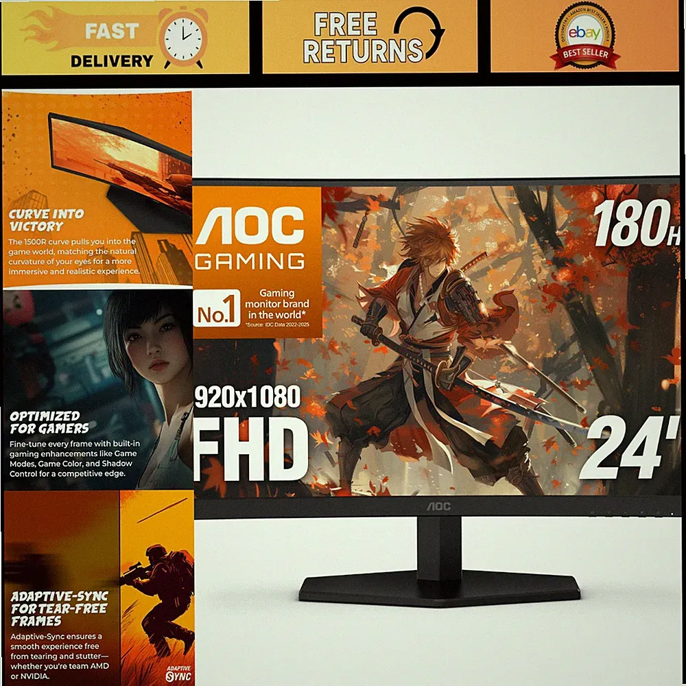 24" Curved Gaming Monitor FHD 1080P 180Hz VA 0.5ms HDR, Ultra-Smooth Display