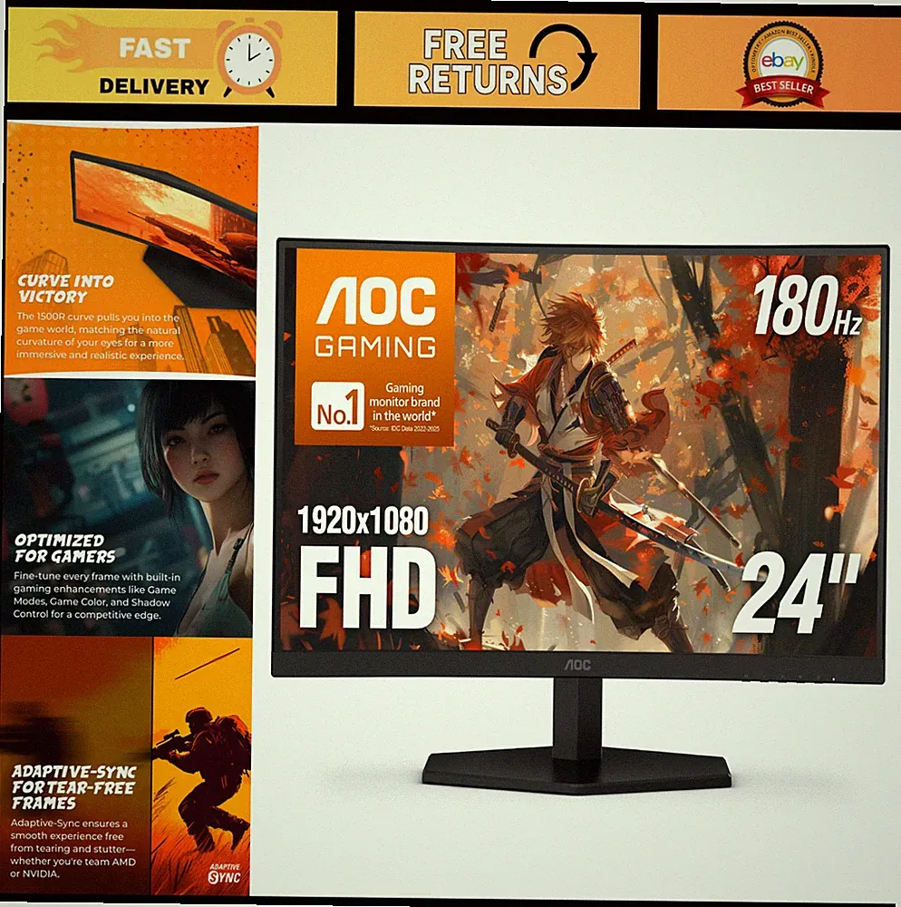 24" Curved Gaming Monitor FHD 1080P 180Hz VA 0.5ms HDR, Ultra-Smooth Display