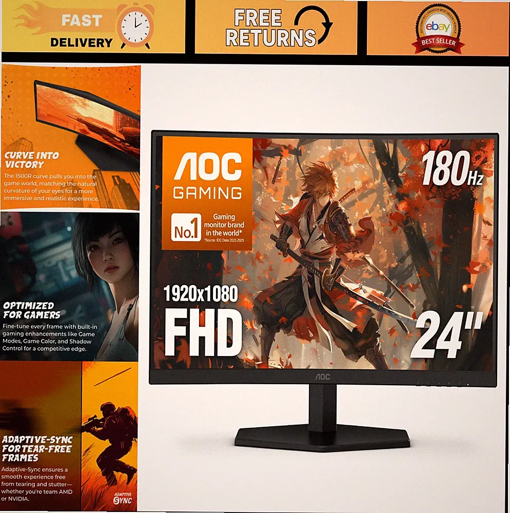 24" Curved Gaming Monitor FHD 1080P 180Hz VA 0.5ms HDR, Ultra-Smooth Display