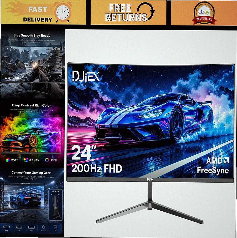 24" Curved Gaming Monitor FHD 1080P 200Hz 1ms Response, AMD FreeSync, Eye Care