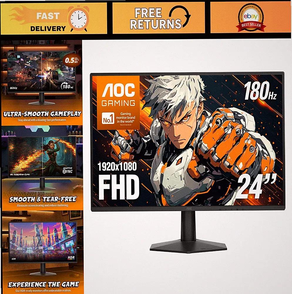 24" FHD Gaming Monitor - 180Hz Fast IPS, 0.5ms Response Time, HDR, Ultra-Slim De