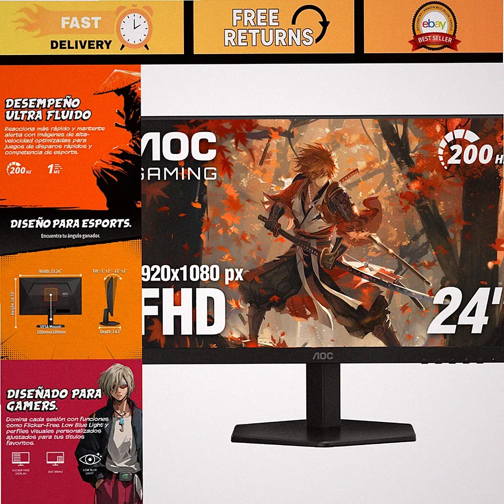 24" FHD Gaming Monitor 200Hz IPS NVIDIA G-SYNC 0.3ms Response Time, Ultra-Smooth