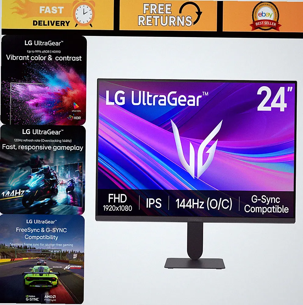 24" Full HD Gaming Monitor, 144Hz, 1ms MBR, G-Sync & FreeSync, HDR10, HDMI, Disp