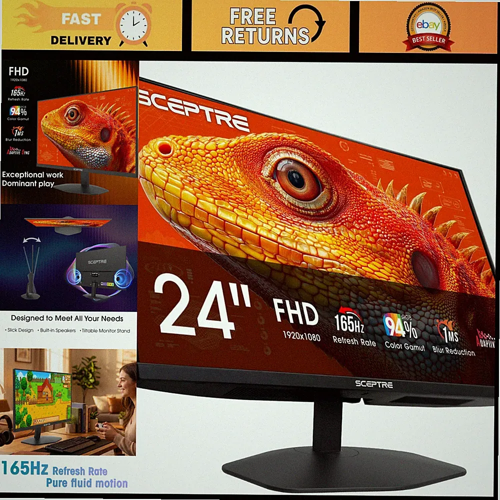 24" Gaming Monitor 165Hz, Dual DisplayPort & HDMI, Built-in Speakers, Black