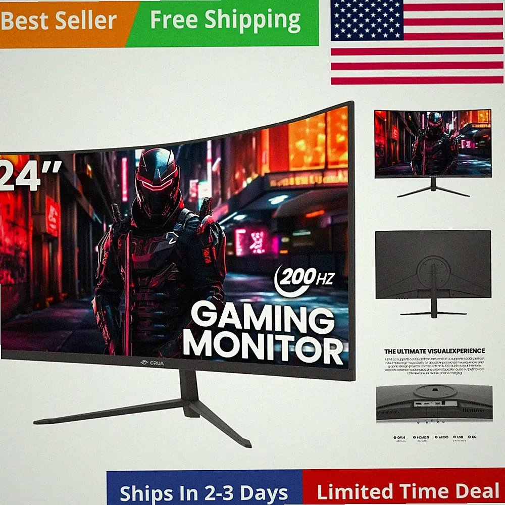 24 Inch 200hz/180hz Curved Gaming Monitor, FHD 1080P Frameless Computer Monit...