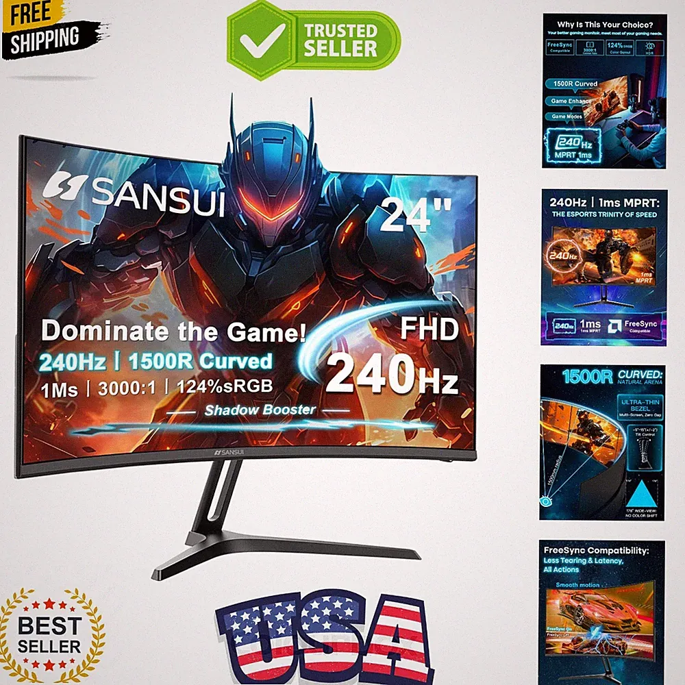 24 Inch Curved 240Hz Gaming Monitor FHD 1080P, 1500R Curve Computer Monitor,...