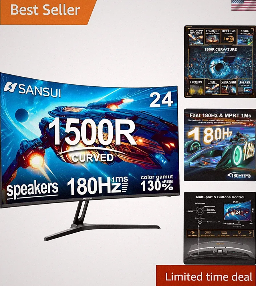 24 Inch Curved Gaming Monitor up to 180Hz MPRT 1ms with Built-in Speakers,FHD...