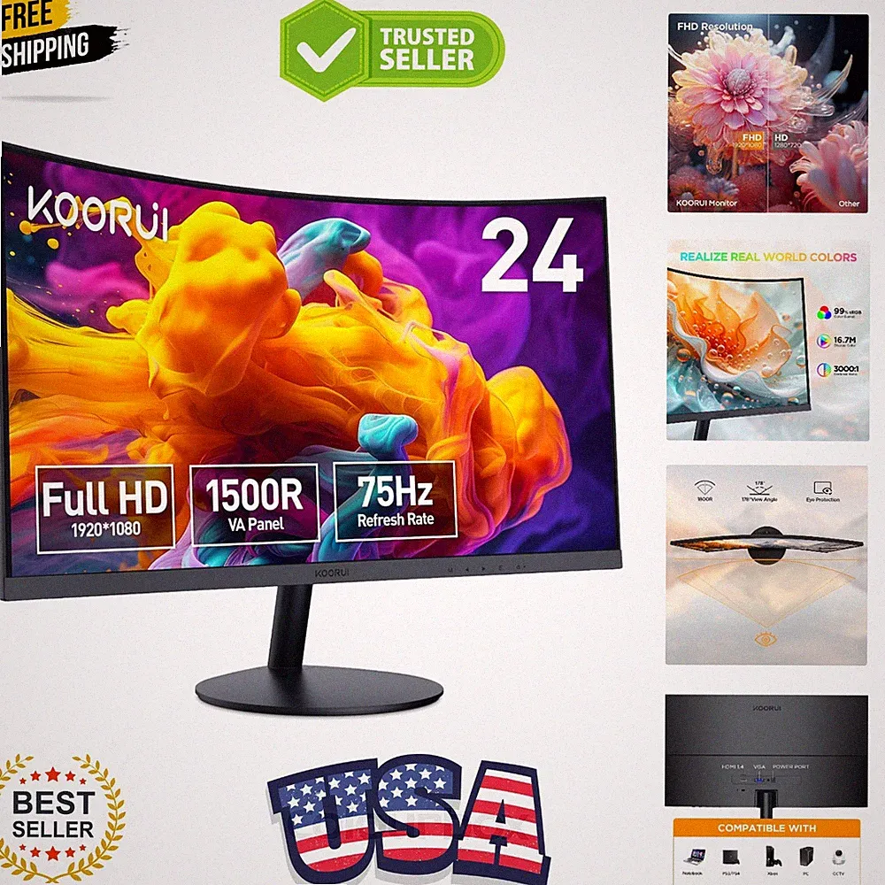 24 inch Curved Monitor, Full HD 1080P Curved Computer Monitor, 1500R Screen,...