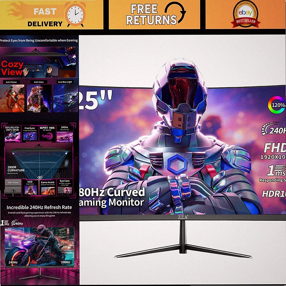 25" Curved Gaming Monitor, 240Hz FHD 1080P, 144Hz Compatible, Ultra-Smooth Displ