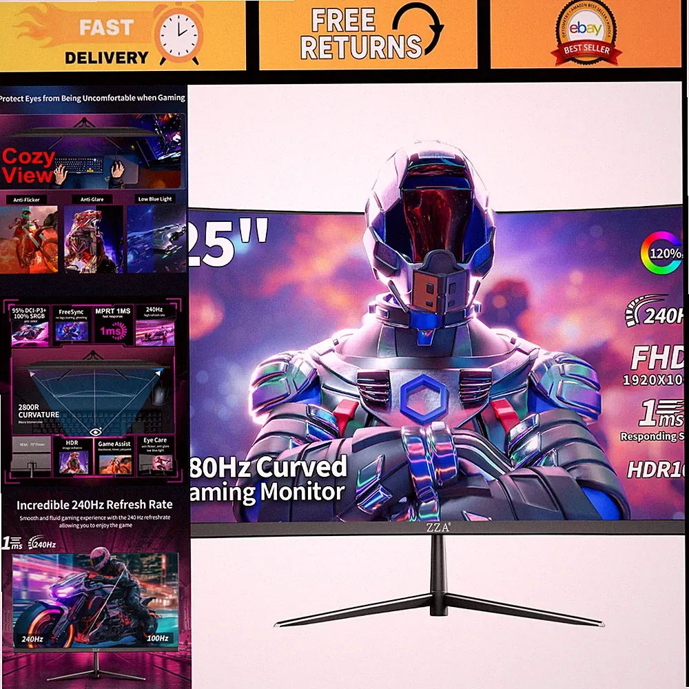 25" Curved Gaming Monitor, 240Hz FHD 1080P, 144Hz Compatible, Ultra-Smooth Displ