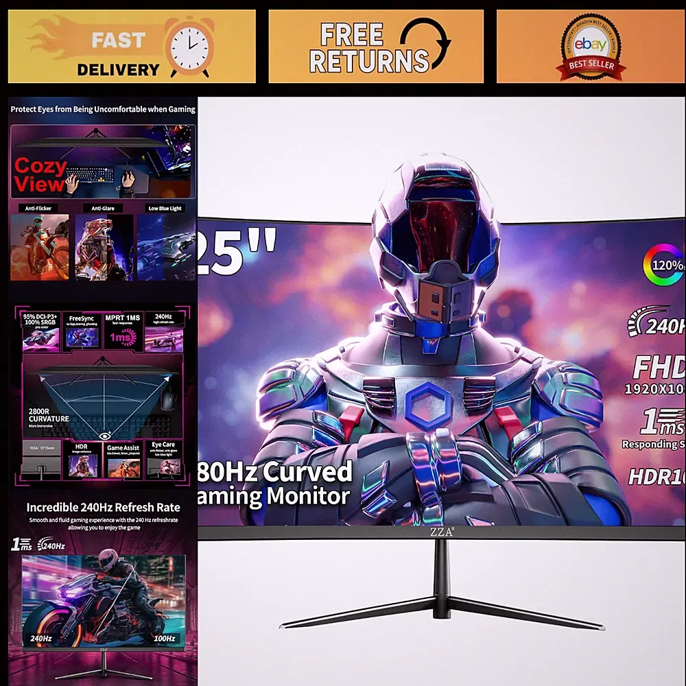 25" Curved Gaming Monitor 240Hz FHD 1080P, AMD FreeSync, HDMI/DP, VESA, Flicker