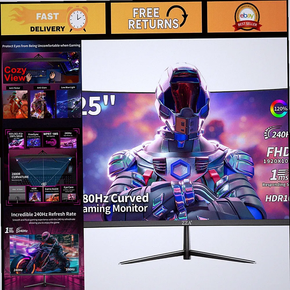 25" Curved Gaming Monitor, 240Hz Refresh Rate, FHD 1080P, 144Hz Compatible