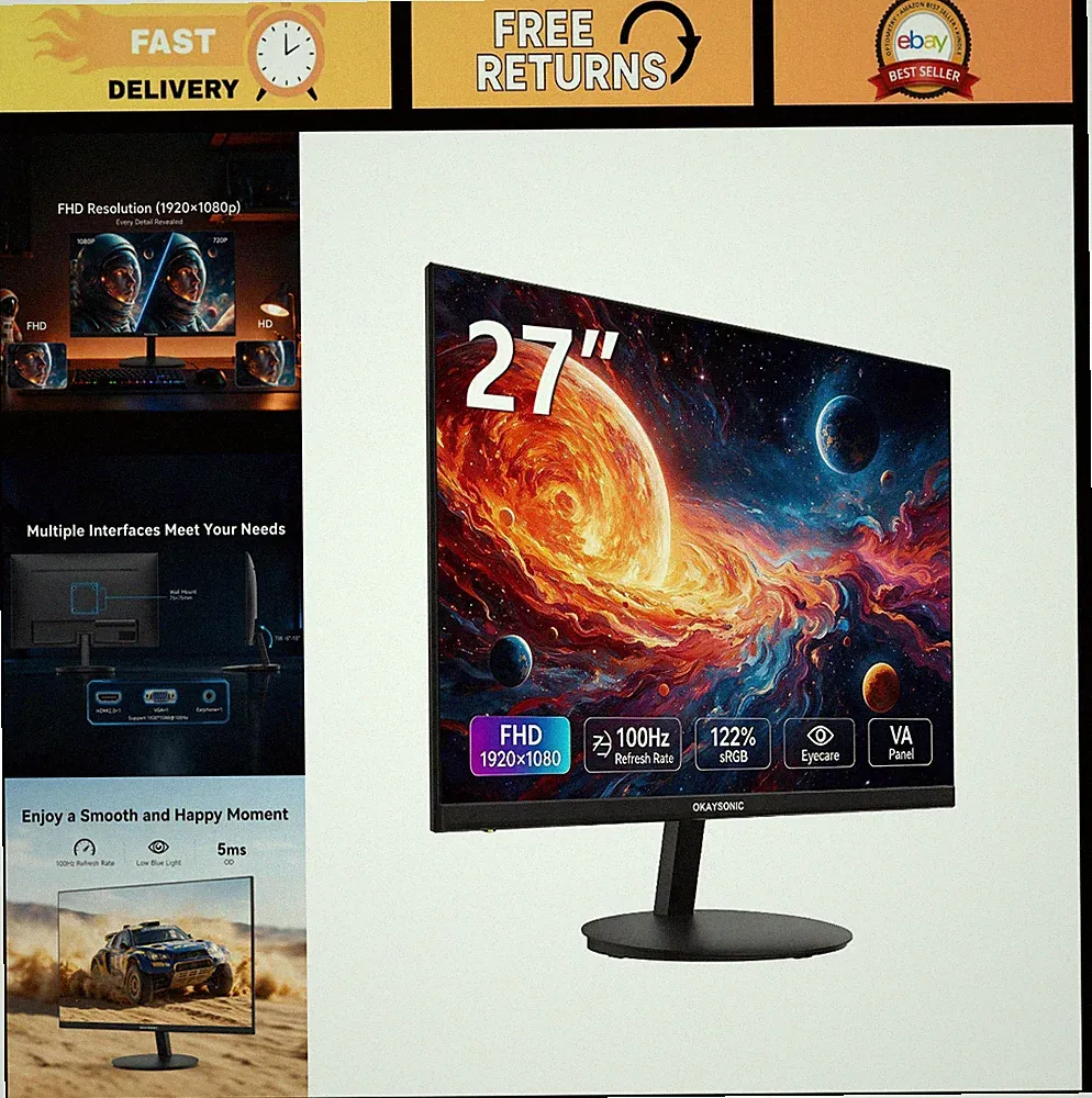 27" 100Hz FHD 1080P Gaming Monitor, Ultra-Slim, Fast Response, Eye Care Display