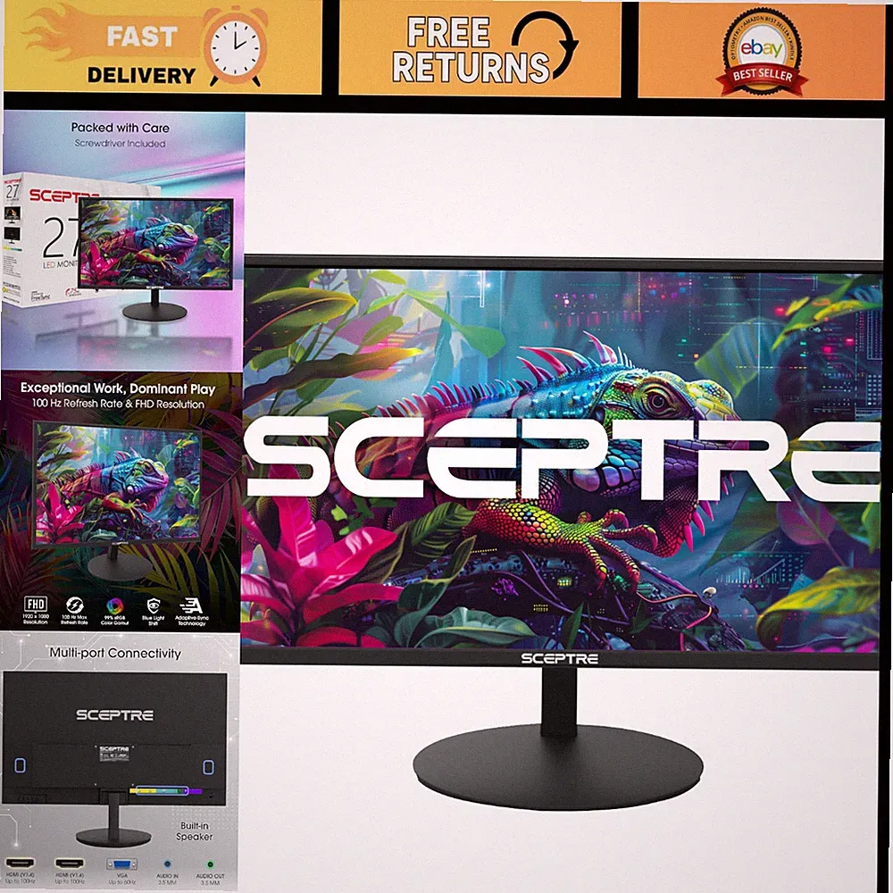 27" 1080P LED Monitor, 99% sRGB, Dual HDMI, VGA, Built-In Speakers, Black
