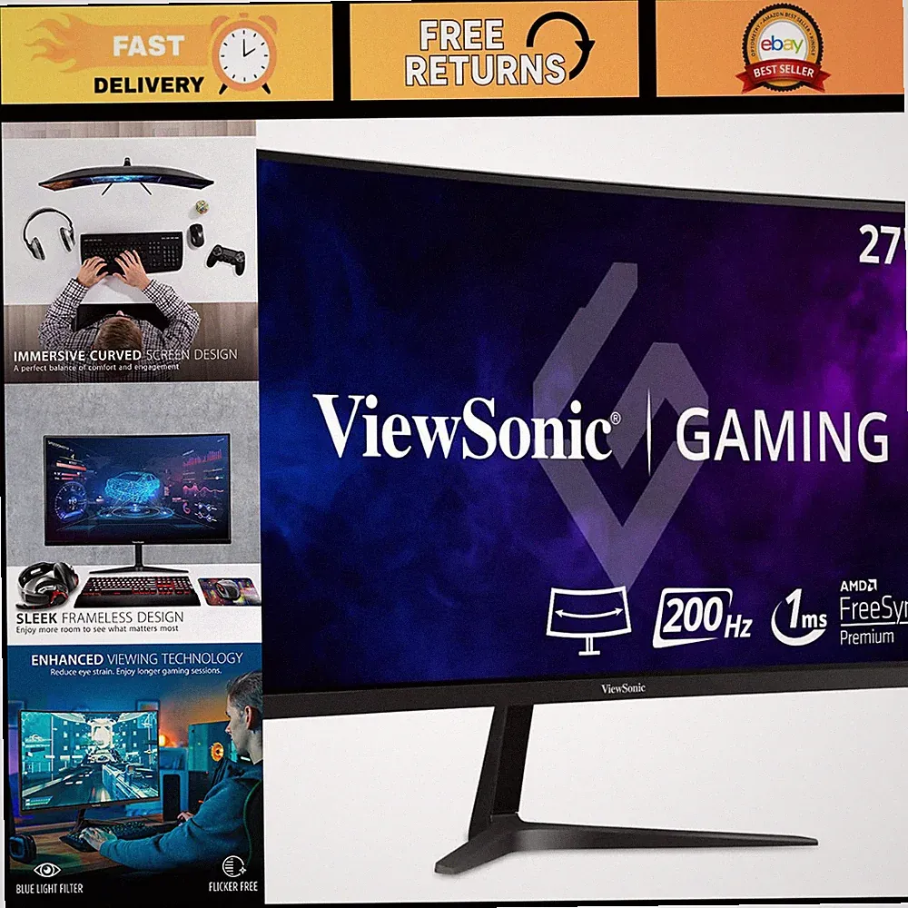 27" Curved Gaming Monitor 1080p, 200Hz Refresh Rate, 1ms Response Time, Ultra-Sm