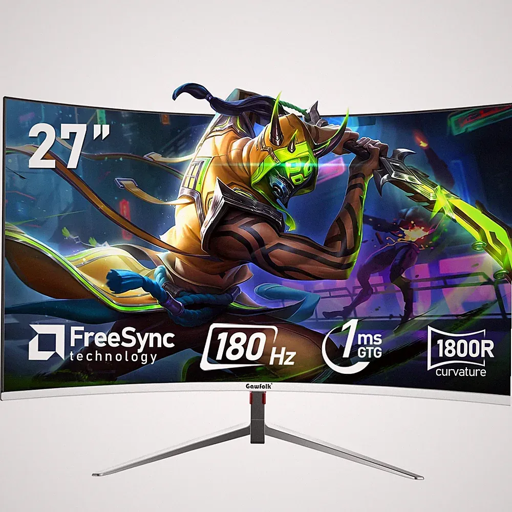 27" Curved Gaming Monitor 180Hz FHD 1080p 1ms, FreeSync, 98% sRGB, HDMI/DP, Wall