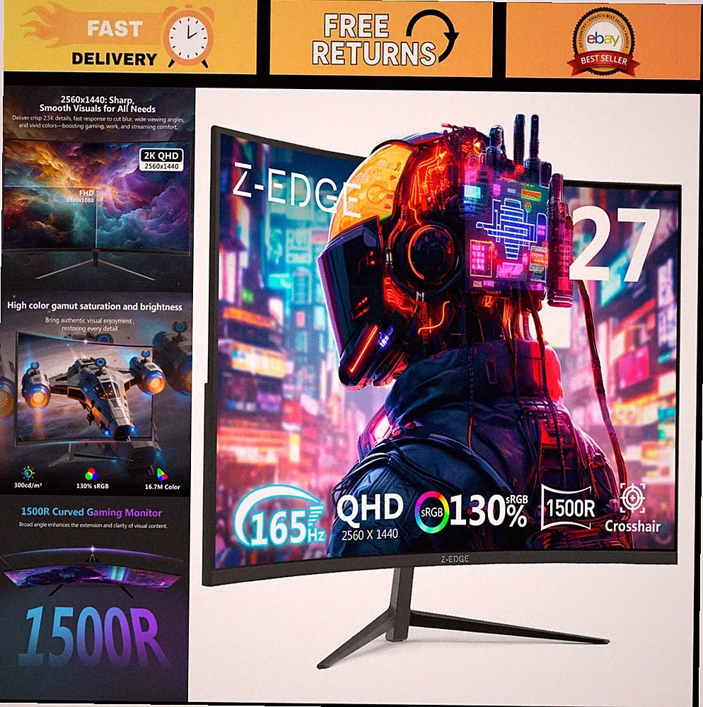 27" Curved Gaming Monitor QHD 1440P 165Hz 144Hz PC Display - Ultra HD, Immersive