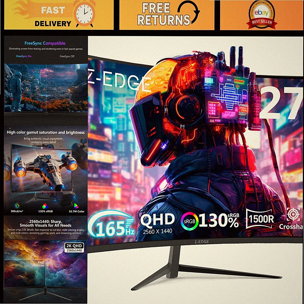 27" Curved Gaming Monitor, QHD 1440P, 165Hz/144Hz, Ultra-Slim PC Screen
