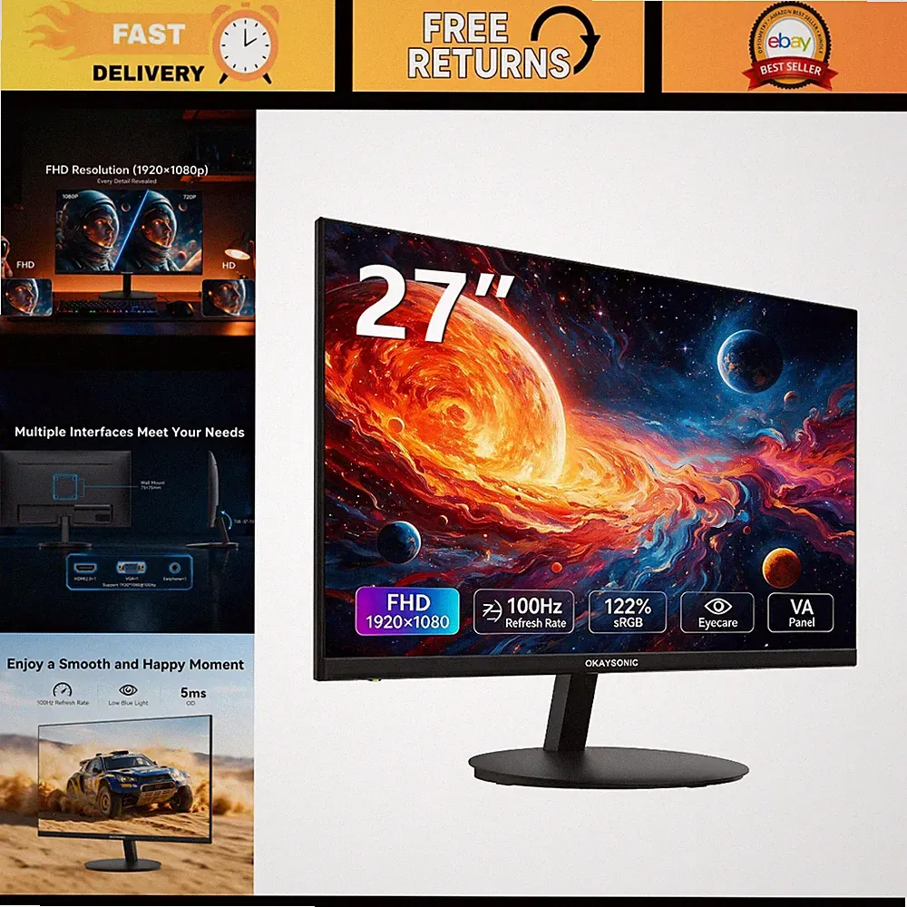27" FHD 1080P Gaming Monitor, 100Hz Refresh Rate, Ultra-Slim Design, Eye Care