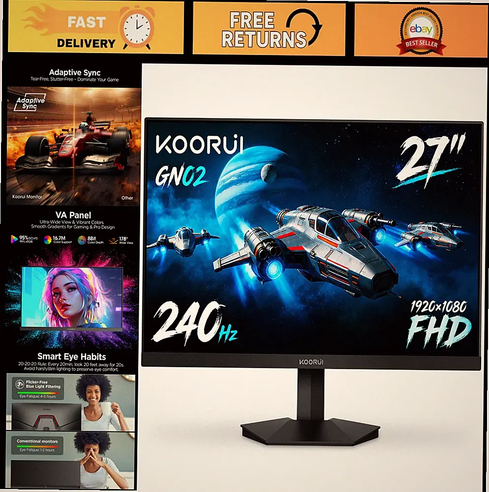 27" FHD 1080p Gaming Monitor 240Hz 1ms, FreeSync, G-SYNC, VESA Mount, HDMI, Disp